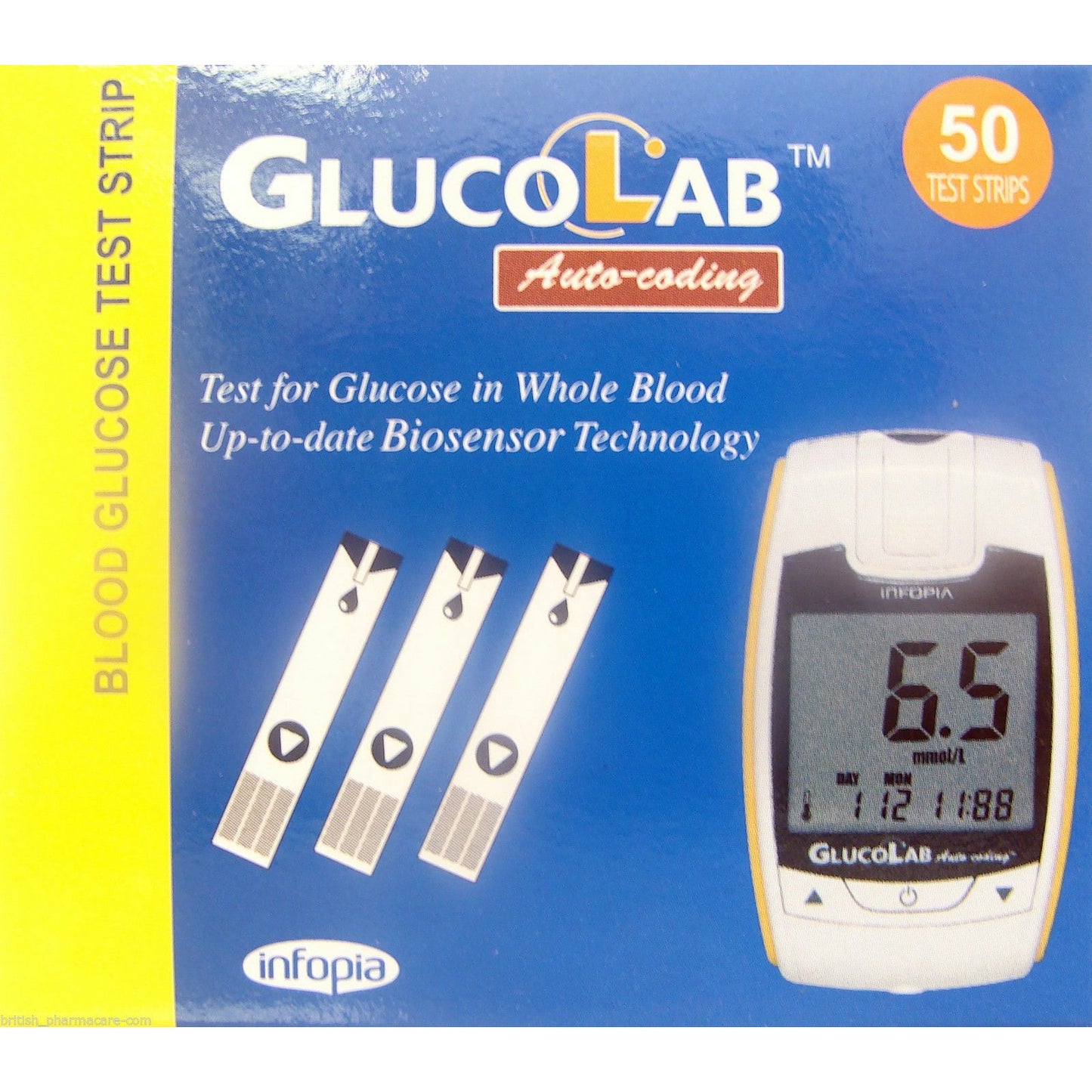 GlucoLab Auto-Coding blood glucose test strips, 50 strips. Biosensor technology