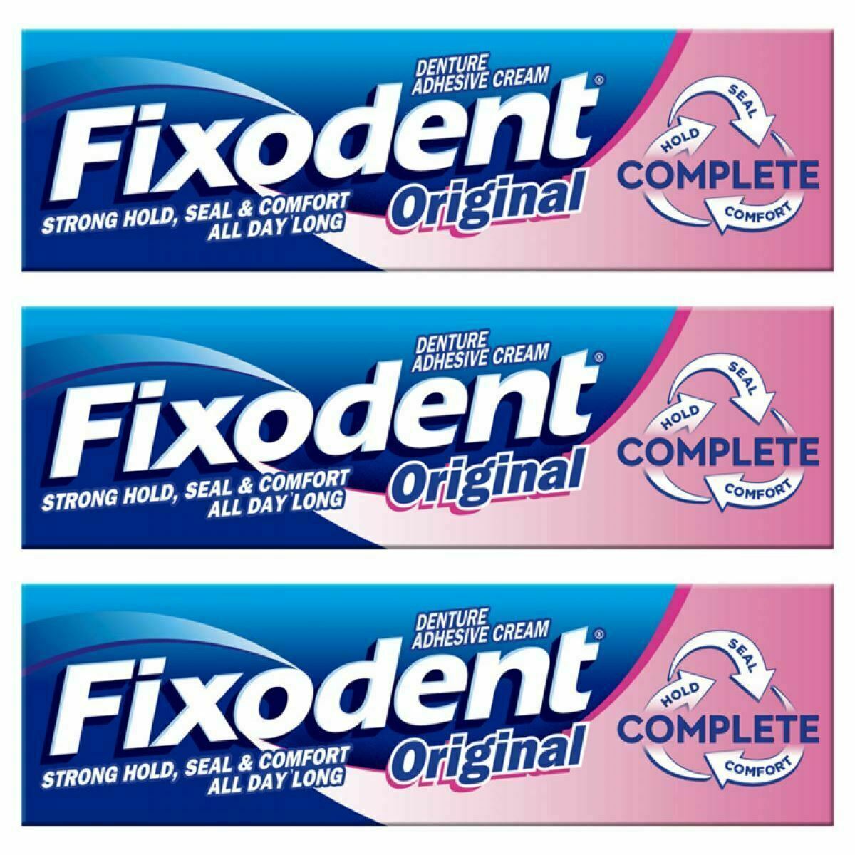 3 x  Fixodent Original Complete Denture Adhesive Cream Strong Food Seal 47g